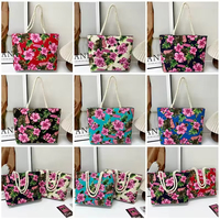 Nueva llegada: Bolsa de compras de lona de gran capacidad con estampado floral de moda, personalizada al por mayor, con asa de cuerda larga.