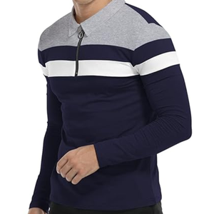 Chemise décontractée pour homme à manches longues en maille respirante anti-plis, style color block rayé avec fermeture éclair, bleu marine, gris, blanc - Product Image 5