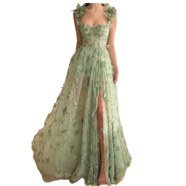 Customize Summer Sweetheart Lace Princess Long 3D Butterfly Strap Applique Prom Dress A-Line Split Evening Party Dresses