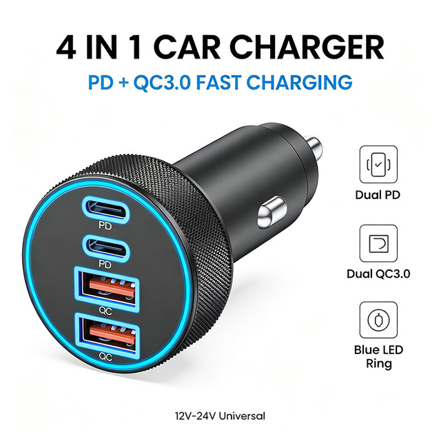 4 Port Car Charger 2 PD 2 QC Fast Charger Blue LED Light Multi Port USB C Car Cigarette Lighter Adapter for 12V-24V Vehicle