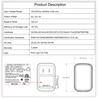 Adaptateur d'alimentation 12V2A 24W AC-DC avec prise US, certifié CE GS, pour caméra CCTV LED, fauteuil électrique