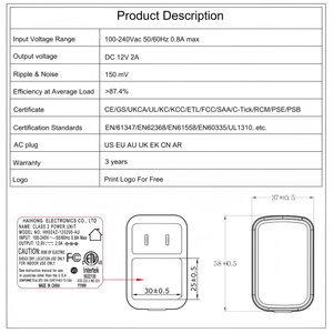 12V2A อะแดปเตอร์แหล่งจ่ายไฟ24W AC-DC US ได้รับการรับรองจาก CE สำหรับกล้องวงจรปิด LED เก้าอี้ไฟฟ้า - Product Image 4