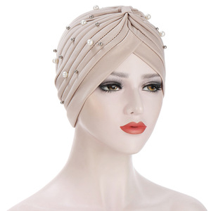 2023 nouvelle mode couleur unie plissé perle perle musulman Turban écharpe femmes pull bandeau chapeau - Product Image 1