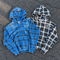 Sweat à capuche zippé intégral pour homme à motif tartan, broderie écussonnée, effet délavé et vieilli, style streetwear, marque privée, fournisseur d'habillement, usine OEM ODM