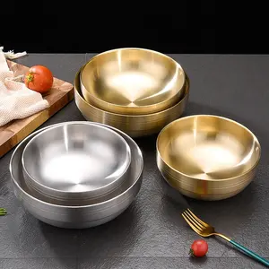 Terlaris Mangkuk Ramen Gaya Korea Ukuran Besar Dinding Ganda Emas Perak 304 Stainless Steel Dinding Ganda Kimchi Lbowl