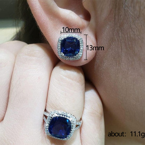 Set di gioielli in vetro blu zaffiro quadrato, accessori di moda eleganti e di lusso per le donne - Product Image 3
