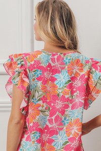 Maßgefertigte Großhandels-Damenbluse mit Lebhaftem Blumenmuster, Kurzen Flatterärmeln, V-Ausschnitt, Sommerlicher Boho-<span class=keywords><strong>Peplum</strong></span>-Stil - Product Image 3