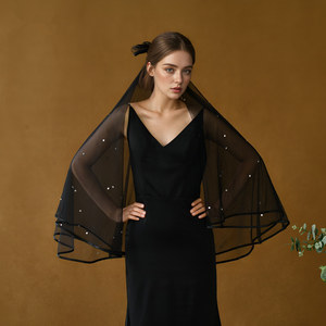 LUOXIN Retro Black Bow Trimmed Double-Layer Rhinestone Tulle Veil for Women <b>Wedding</b> Party - Product Image 1