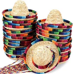 قبعة المكسيك الصغيرة 15 سم لحفلات Cinco de Mayo قبعة صغيرة ملونة من القش للحفلات زجاجة ديكور حيوان أليف