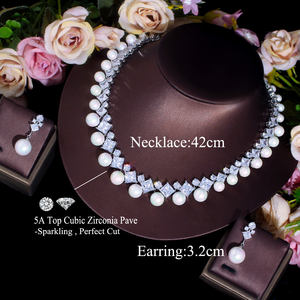 ชุดเครื่องประดับคิวบิกเซอร์โคเนียคุณภาพสูง สร้อยคอและต่างหูแบบมีประกาย ดีไซน์ไข่มุกเทียมเม็ดใหญ่ สำหรับเจ้าสาว งานแต่งงาน และผู้หญิงทั่วไป - Product Image 3