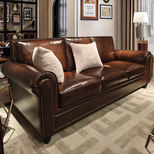 Divano a Tre Posti Stile Americano con Grandi Pulsanti, in Vera Pelle Vintage di Prima Qualità, Colore Marrone, per Soggiorno - Arredamento Casa - Product Image 2