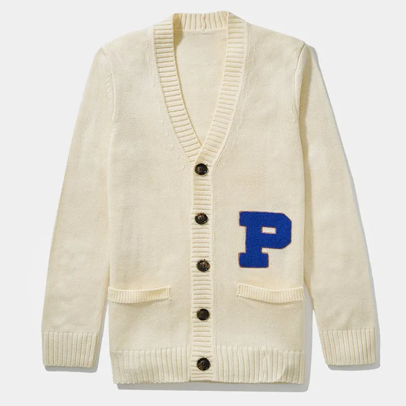 Usine personnalisé université pull Chenille Logo poche laine tricots pull unisexe acrylique bouton Up Lettermen pull Cardigan