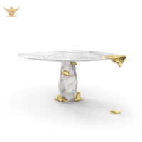 Ensembles de tables à manger ovales avec plateau en marbre, base sculpturale blanche et incrustations dorées, vente en gros, personnalisables