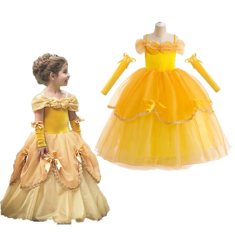 Disfraz de Halloween Ruffle Princess Belle Dress para niños niñas vestido de malla de manga corta para niñas niños