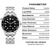 Montre de plongée automatique mécanique personnalisée, résistante à l'eau 50M, lumineuse, verre saphir synthétique, acier inoxydable 42mm, bracelet 20mm