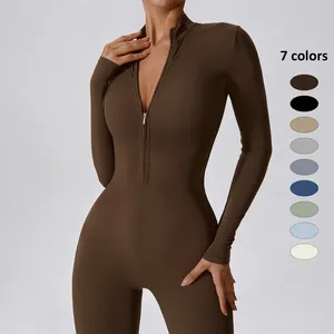 Bodysuit ritsleting depan wanita, jumpsuit pembentuk tubuh lengan panjang satu potong musim panas