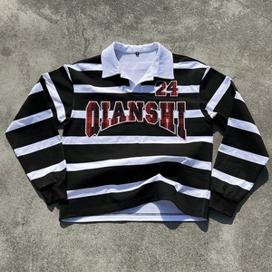 Wholesale Custom Embroidered Oversized <b>T</b>-<b>shirt</b> <b>Striped</b> <b>Long</b> <b>Sleeve</b> <b>T</b> <b>Shirt</b> Manufacturer Designer Button Up Polo <b>Shirts</b> For Men - Product Image 3