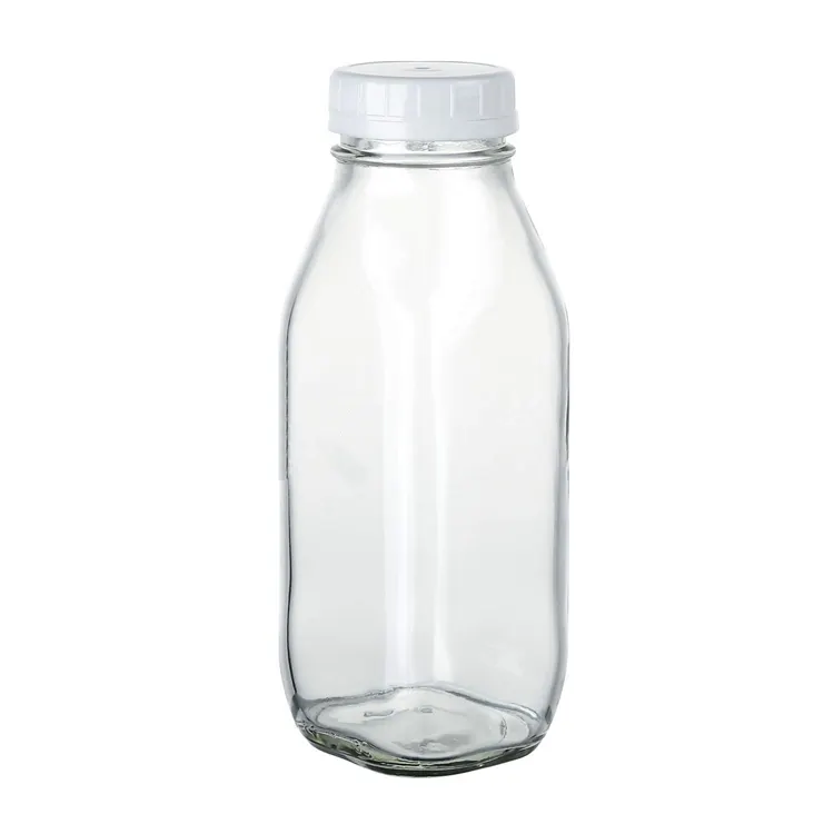 Botella de leche de cristal vacía personalizada con tapa de plástico, 500ml, 16oz