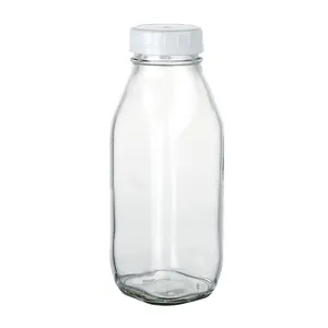Yüksek kaliteli 500ml özel boş temizle 16oz cam süt şişe suyu içme şişeleri plastik kapaklı