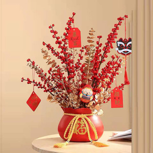 Pot de fleurs séchées en fer, sac porte-bonheur rouge, décoration du Nouvel An chinois, décoration de la maison - Product Image 1