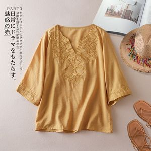 Women's Cotton Linen Embroidered V-Neck Top Mid Sleeve Casual Vintage Blouse Everyday Wear Red Pink Yellow Camel - Product Image 3