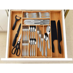 Bamboo Knife <b>Storage</b> <b>Box</b> 33-50Cm Adjustable Telescopic Drawer Organizer For <b>Kitchen</b> Cutlery Utensils - Product Image 2