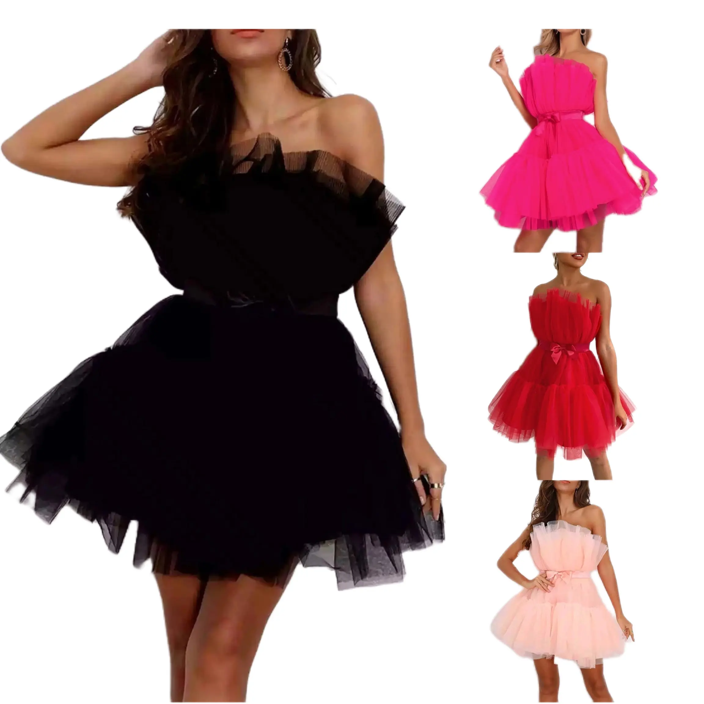 Evening Party Tube Top Dresses for Women Formal Tulle Dress Ladies Cropped Prom Dress Fluffy Bridal Gown 18 Year Old Gifts