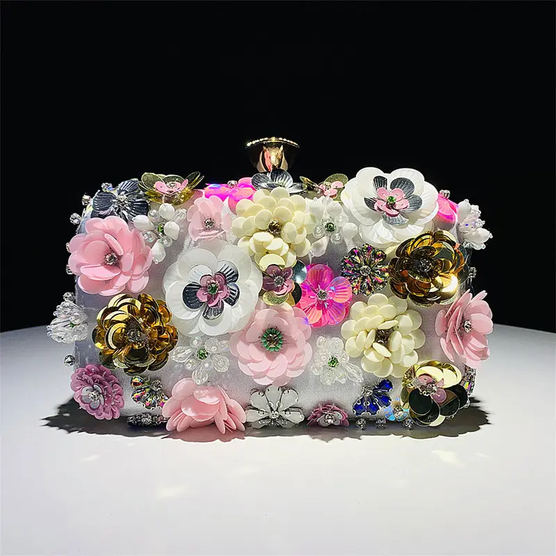 Bolsa de mão feminina com flores para casamento, bolsa de mão para jantar e festas, estilo artesanal com strass, ideal para noite, 2024