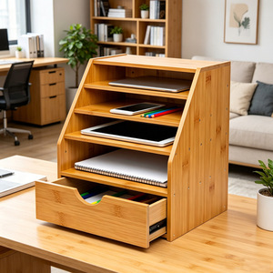 Wooden Multi Layer Office <b>Desk</b> <b>Organizer</b> Storage Rack 5 Tier Freestanding Rectangle For Neatening And Storage - Product Image 2