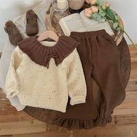Vente en gros automne hiver enfant fille tricot ensembles de chandails revers irrégulier pantalon évasé ample costume deux pièces ensemble de chandails pour tout-petits filles