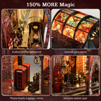 Hamaileon Puzzle Kayu Stasiun Kereta Ajaib Rak Buku Miniatur DIY Model Kit Kerajinan Gotik dengan Lampu LED Hadiah