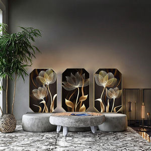 Ensemble d'art mural 3 pièces Lotus Doré de Luxe, impressions sur <span class=keywords><strong>toile</strong></span> florales abstraites, décoration <span class=keywords><strong>murale</strong></span> moderne minimaliste pour salon et salle à manger - Product Image 2