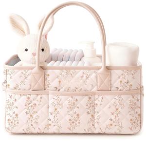 Organizador de Pañales para Bebé al por Mayor, Diseño Floral con Asas de Cuero PU, Cesta para Pañales con Divisores Extraíbles - Product Image 1