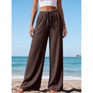 Womens <b>Summer</b> Elastic Waist Textured Flowy Palazzo <b>Pants</b> Wide Leg Casual High Waist Breathable Crepe <b>Pants</b> With Pockets - Product Image 4