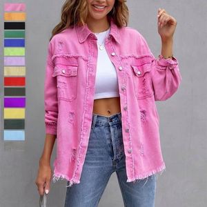 Chaqueta de Mezclilla I-0691 Nueva, Color Sólido, Estilo Medio Largo, Perforada, Manga Larga, Estilo Americano - Product Image 1