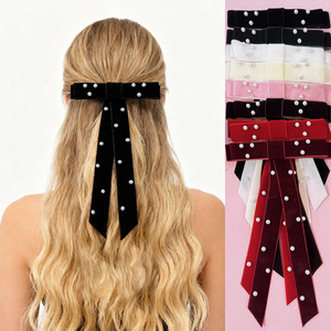女の子用ブラックレッドビッグベルベットボウヘアクリップ女性用ビンテージウェディングロングリボン韓国ヘアピンバレットファッションヘアアクセサリー - Product Image 1