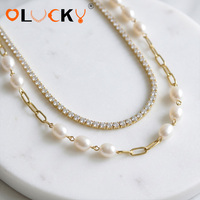 LUCKYJIU Fabricants de bijoux personnalisés, collier en acier inoxydable étanche plaqué or 18 carats avec chaîne trombone en perles et CZ superposés