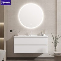 Meuble-lavabo mural pour salle de bain avec miroir rond LED intelligent, unité de lavabo flottant blanc pour hôtel et maison