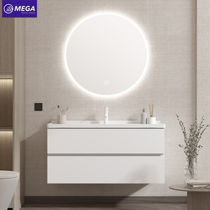 Mueble de Baño Suspendido con Espejo Redondo LED Inteligente, Lavabo Flotante Blanco para Hotel y Hogar - Product Image 1