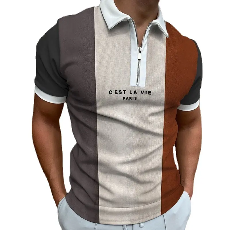 summer zipper checkered POLO shirt color block men's T-shirt top for men