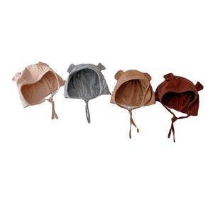 Bonnet <span class=keywords><strong>bébé</strong></span> unisexe couleur crème avec oreilles d'ours mignonnes, protection auditive, bonnet à nouer, uni teint - Product Image 5