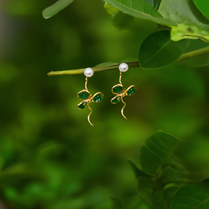 Fashion Drop <b>Earrings</b> Gold Plated 316L Stainless Steel Green <b>Crystal</b> Pearl <b>Studs</b> Sustainable Resistant Design - Product Image 3