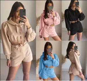 2022 New Arrival Fall Clothes Custom Logo Tracksuits Outfits 2 Piece Puff Sleeve Crop Sweatshirt Hoodie Shorts Women Jogger Set