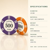 Jetons de poker RFID personnalisés 40 mm en composite d'argile ABS, avec dénomination en dollars américains, pour salles de poker de casino et fournitures de jeu.