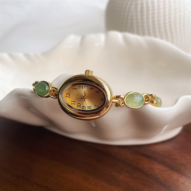 Factory Custom Antique Fashion Women's Luxury Gold Wristwatch Natural Stone Slim Chain Waterproof Oval Shaped Quartz Watch