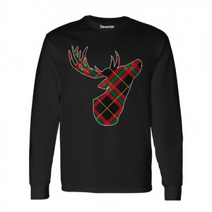 T-shirt à manches longues à carreaux rouges et verts avec tête de cerf pour Noël - Product Image 2