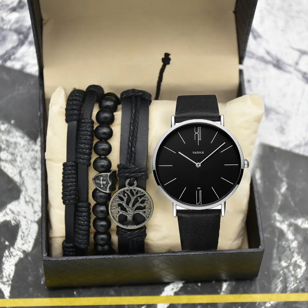 YAZOLE Brand Reloj Luxury Men Watch gift set Minimalist Watches Leather Quartz Watches bracelet set Waterproof Wristwatches