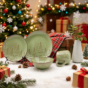 Vaisselle de Noël en grès émaillé au four, 16 pièces : Assiettes plates, Assiettes à salade, Assiettes à soupe, Bols, Assiettes réactives pour <span class=keywords><strong>restaurant</strong></span> - Product Image 2