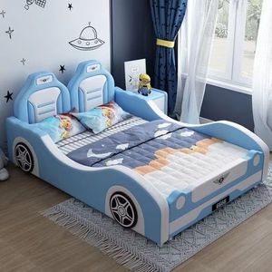 <span class=keywords><strong>Letto</strong></span> per Bambini Minimalista in Legno Massello a Forma di Auto da Corsa con Rivestimento in Pelle PU e Vano Portaoggetti, <span class=keywords><strong>Letto</strong></span> <span class=keywords><strong>Matrimoniale</strong></span> di Lusso per Ragazzi con Luci e Suoni - Product Image 2
