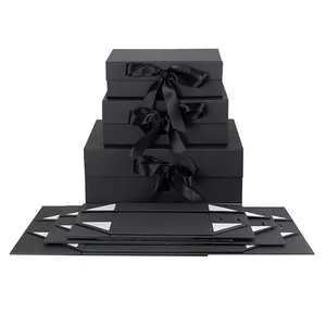 定制标志烫印箔大盒黑色豪华折叠纸包装礼品盒带磁性闭合Filp盖丝带